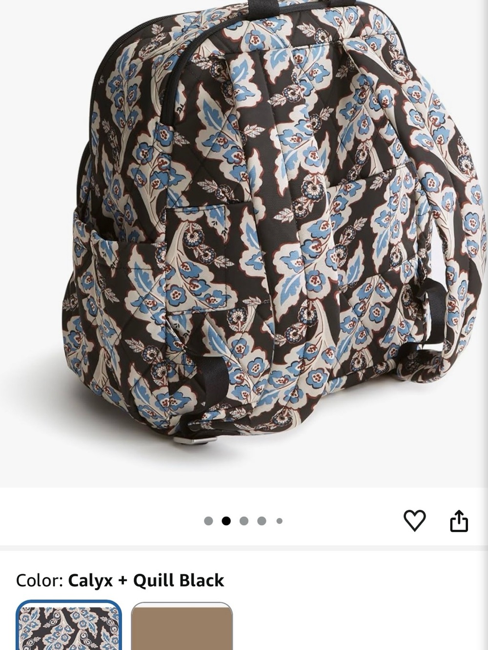 Vera Bradley Black Quilted Backpack with Blue and Cream Floral Print - Picture 2 of 8